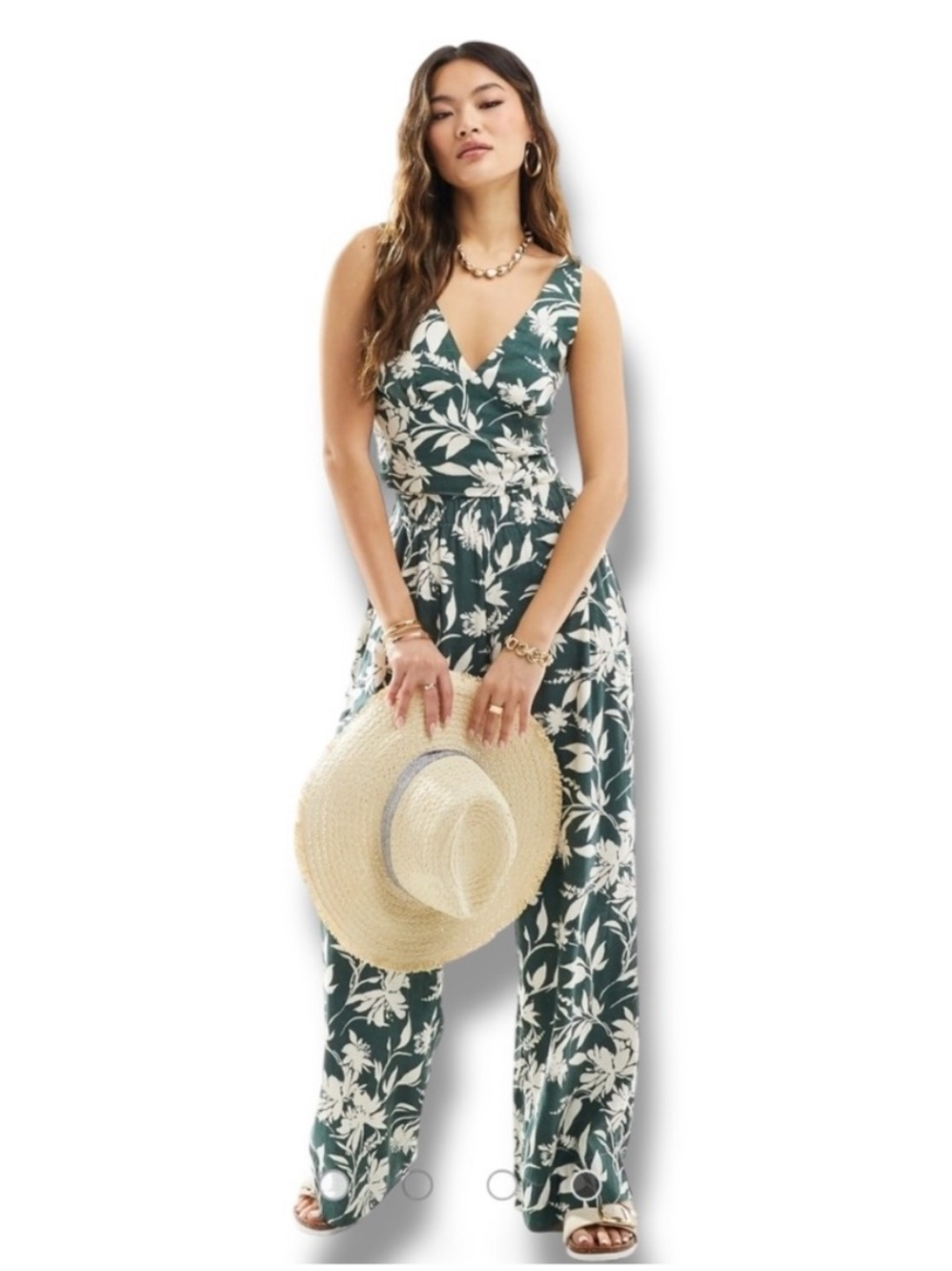 Abercrombie & Fitch Green linen V-Neck Crop Top and wide leg pant set